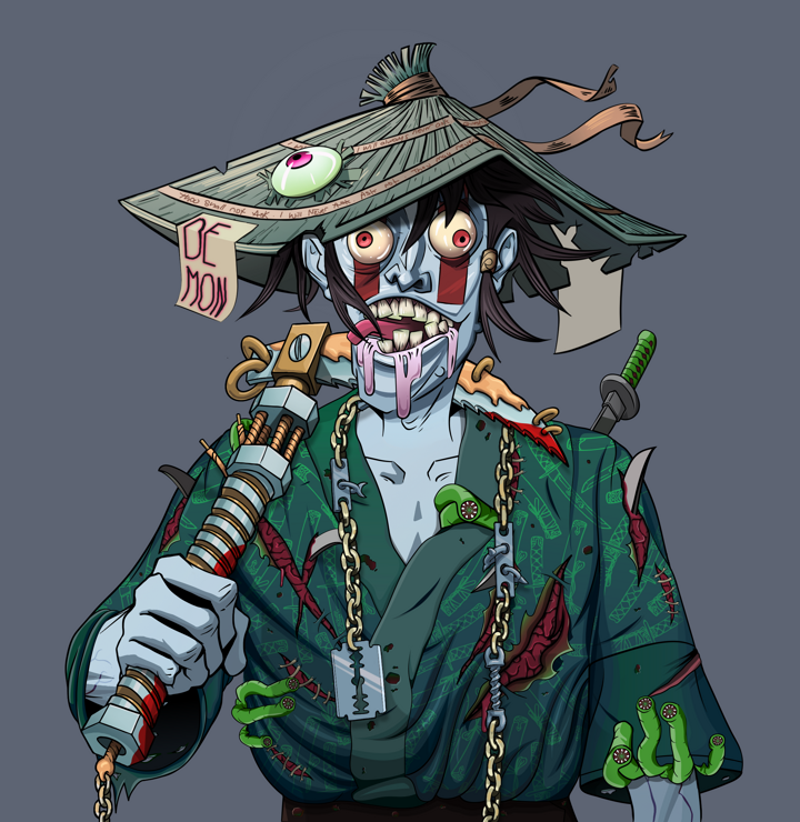 Drooling Azuma — Degen Dojo NFT art (Shirtless Runt, Shoji Night, Demons, Katanajamas Kimono, Drooling Azuma, High Straw Rice Hat, Rusty Kusarigama, Mint)