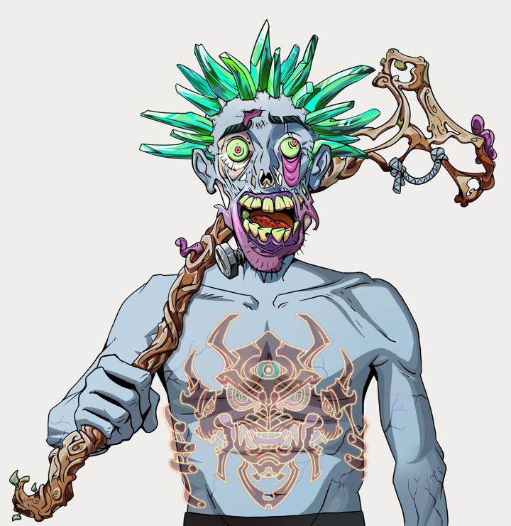 Shitless Botan — Degen Dojo NFT art (Shirtless Runt, Warm Grey, Demons, Red Oni Tattoo, Shitless Botan, Zapachi, Wooden Walking Cane, Mint)