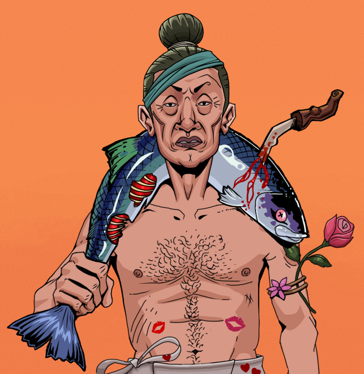 Goro — Degen Dojo NFT art (Shirtless Runt, Orange Afternoon, Degens, Womanizer, Goro, Hair Bun, Dead Fish, Mint)