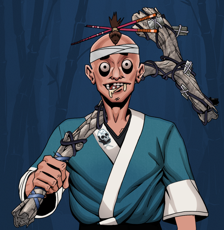 Drooling Azuma — Degen Dojo NFT art (Shirtless Runt, Night Forest, Degens, Skull Kimono, Drooling Azuma, Hair Bun With Chopsticks, Large Branch, Mint)