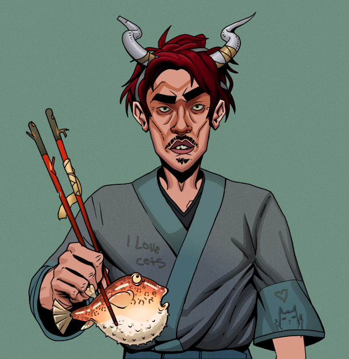 Gloomy Masumi — Degen Dojo NFT art (Shirtless Runt, Olive Green, Degens, Cet Kimono, Gloomy Masumi, Grey Oni Horns, Frightened Fugu, Mint)