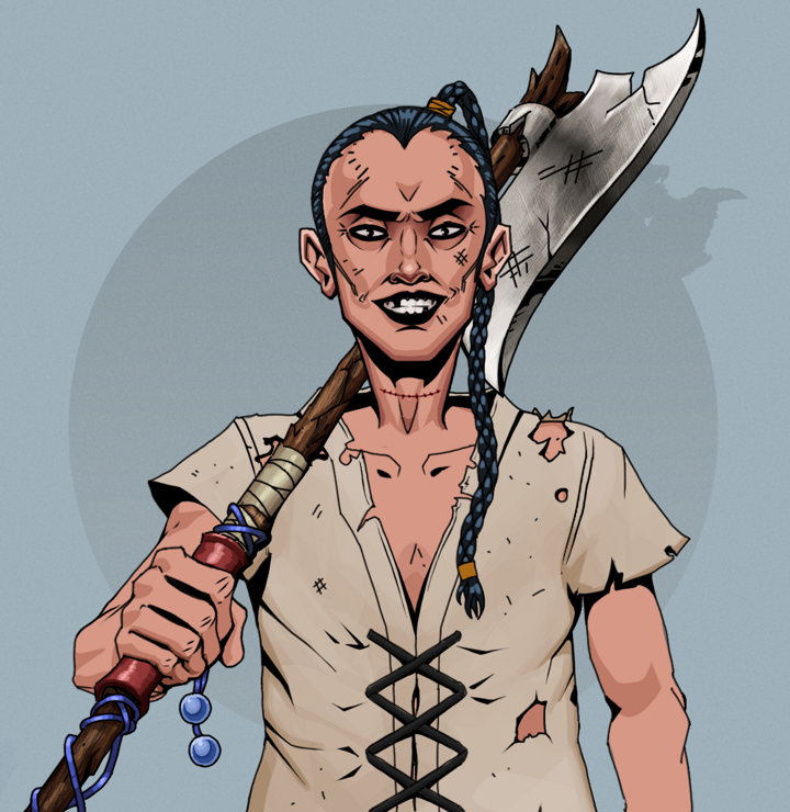 Junichiro Reborn — Degen Dojo NFT art (Shirtless Runt, Grey Mist, Degens, Rice Sack Rags, Junichiro Reborn, Braided Samurai Ponytail, Broken Nagatina, Mint)
