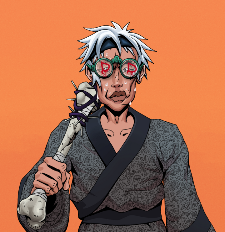 Stresshead Rin — Degen Dojo NFT art (Shirtless Runt, Orange Afternoon, Degens, Sushi Love Loose Kimono, Stresshead Rin, Dojo Graffiti, White Ruffian, Spiky Femur, Mint)