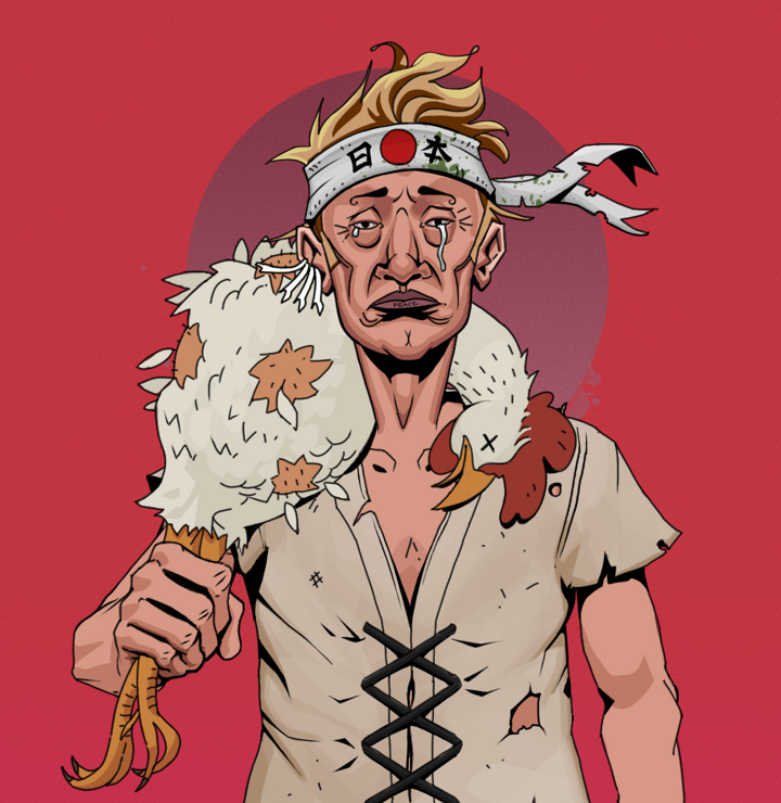 Teary Goro — Degen Dojo NFT art (Chicken Bones, Red High Moon, Degens, Rice Sack Rags, Teary Goro, Shirtless Runt, Karate Headband, Chicken, Mint)