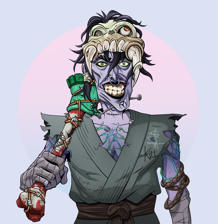 Junichiro Reborn — Degen Dojo NFT art (Shirtless Runt, Purple Night, Demons, Student Gi, Junichiro Reborn, Sabertooth Skull, Spiky Femur, Mint)
