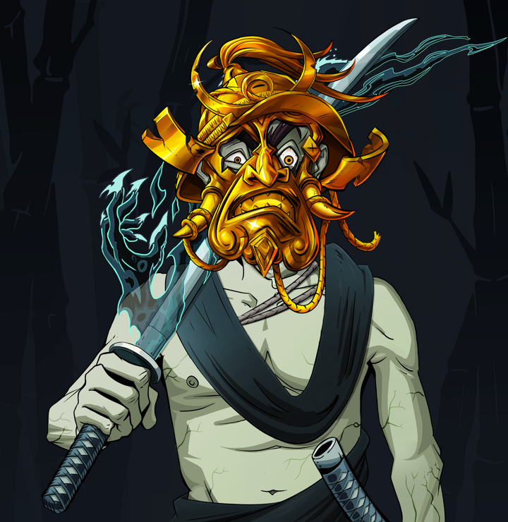 Stresshead Rin — Degen Dojo NFT art (Shirtless Runt, Night Forest, Demons, Queeny Chic, Stresshead Rin, Golden Kabuto, Katana, Mint)