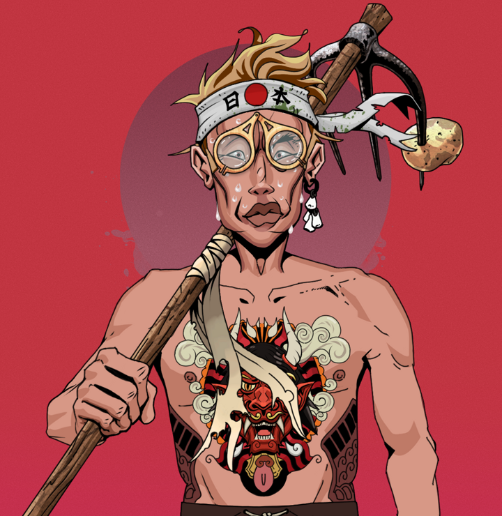 Stresshead Rin — Degen Dojo NFT art (Foes Teeth, Red High Moon, Degens, Red Oni Tattoo, Stresshead Rin, Pocket Glasses, Karate Headband, Farmers Hoe, Mint)