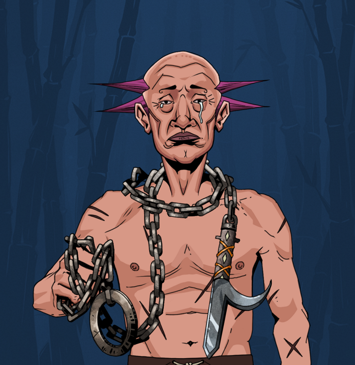 Teary Goro — Degen Dojo NFT art (Shirtless Runt, Night Forest, Degens, Battle Scars, Teary Goro, Dejen Mohawk, Heavy Kyoketsu, Mint)