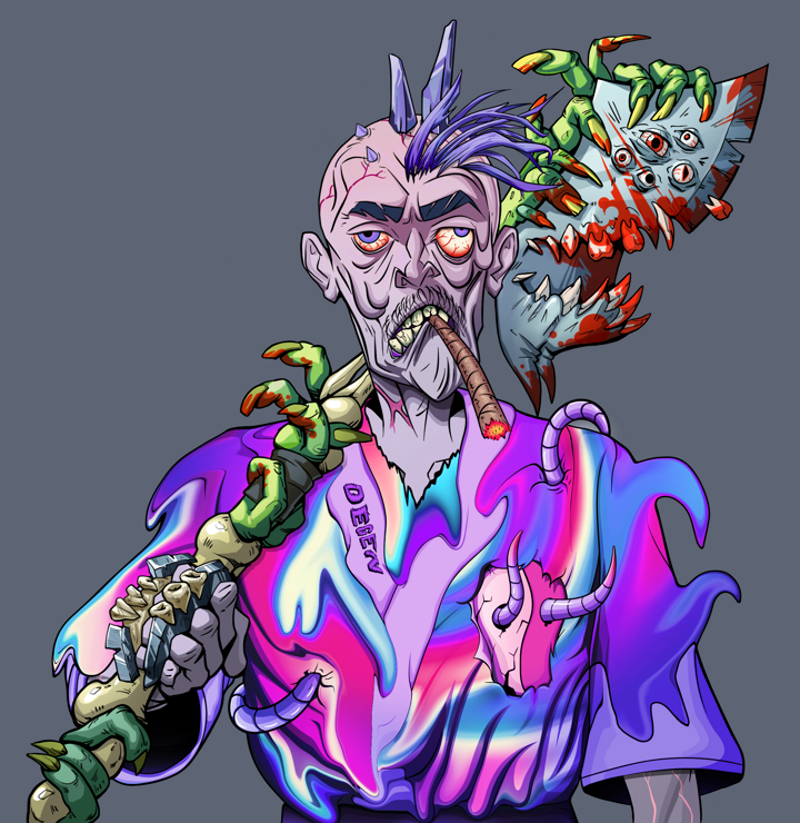 Raikou The Stoner — Degen Dojo NFT art (Shirtless Runt, Shoji Night, Demons, Rainbow Kimono, Raikou The Stoner, Yakuza Ruffian, Broken Nagatina, Mint)
