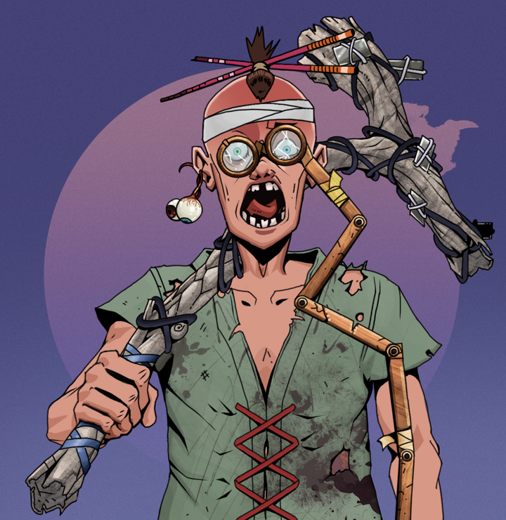 Tokuda — Degen Dojo NFT art (Shaman Eyes, Purple Night, Degens, Dirty Peasant Rags, Tokuda, Telescopic Glasses, Hair Bun With Chopsticks, Large Branch, Mint)