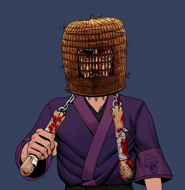 Gloomy Masumi — Degen Dojo NFT art (Shirtless Runt, Blue Evening, Degens, Money Kimono, Gloomy Masumi, Tengai Basket, Bloody Nunchucks, Mint)