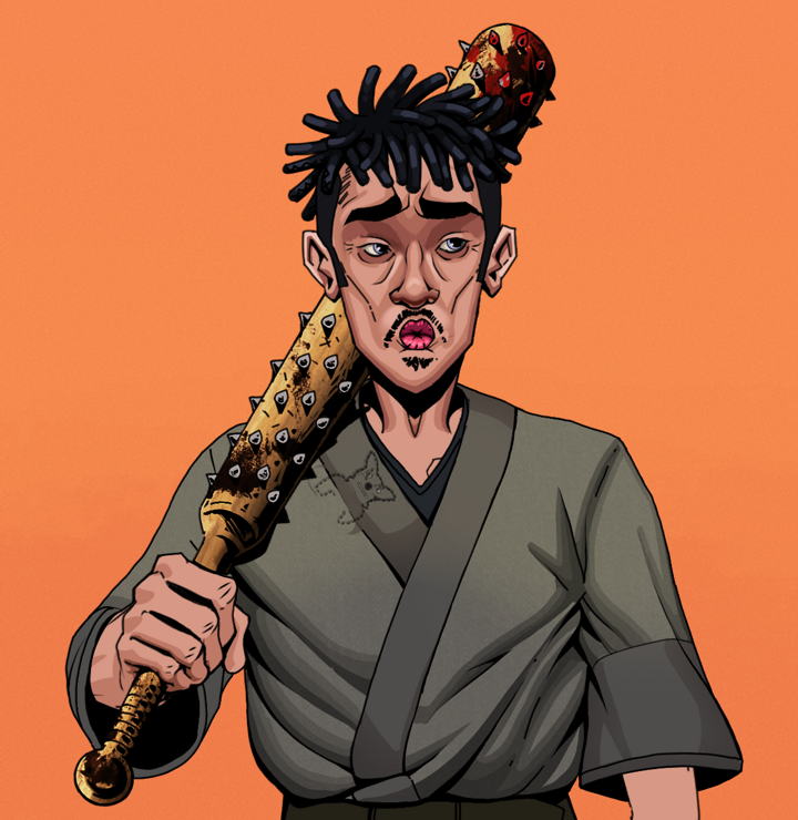 Masumi Steel — Degen Dojo NFT art (Shirtless Runt, Orange Afternoon, Degens, Puppy Kimono, Masumi Steel, Black Bantu Knots, Yakuza Club, Mint)