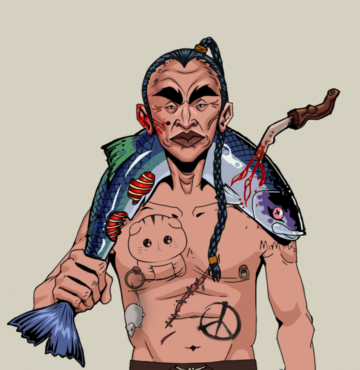Young Yuji — Degen Dojo NFT art (Shirtless Runt, Warm Grey, Degens, Recovering Alcoholic, Young Yuji, Braided Samurai Ponytail, Dead Fish, Mint)