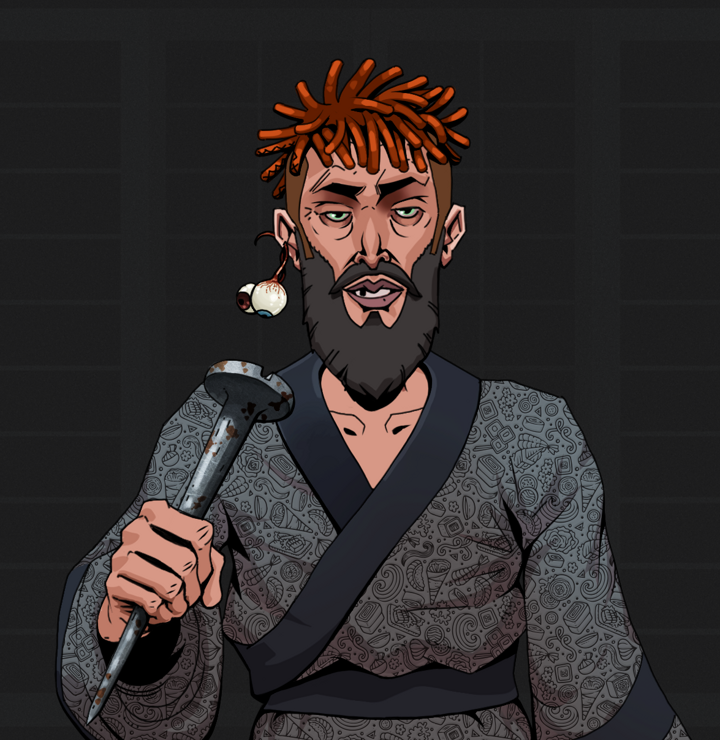 Serious Oleg — Degen Dojo NFT art (Shaman Eyes, Shoji Night, Degens, Sushi Love Loose Kimono, Serious Oleg, Shirtless Runt, Orange Bantu Knots, Rusty Nail, Mint)