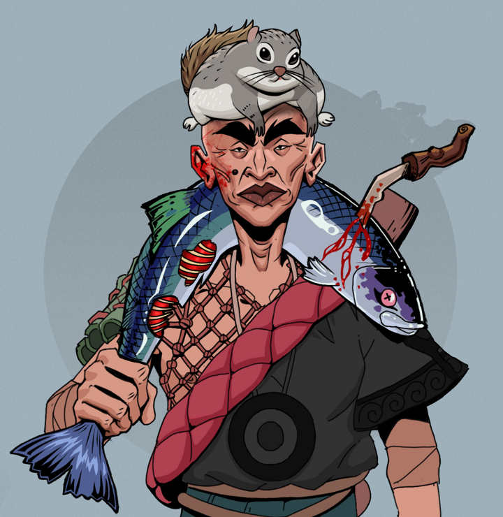 Young Yuji — Degen Dojo NFT art (Shirtless Runt, Grey Mist, Degens, Village Leader, Young Yuji, Mr. Momonga Hat, Dead Fish, Mint)