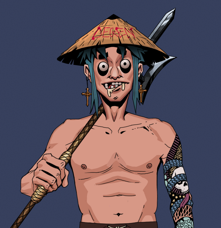 Drooling Azuma — Degen Dojo NFT art (Jesuit Crosses, Blue Evening, Degens, Skull Sleeve, Drooling Azuma, Shirtless Runt, Degen Graffiti Rice Hat, Bishamon Yari, Mint)