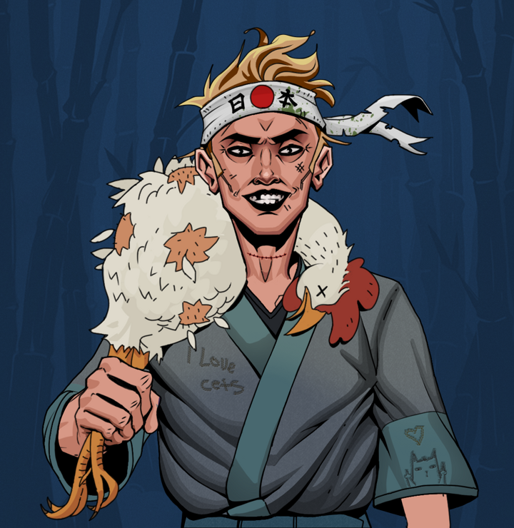 Junichiro Reborn — Degen Dojo NFT art (Shirtless Runt, Night Forest, Degens, Cet Kimono, Junichiro Reborn, Karate Headband, Chicken, Mint)