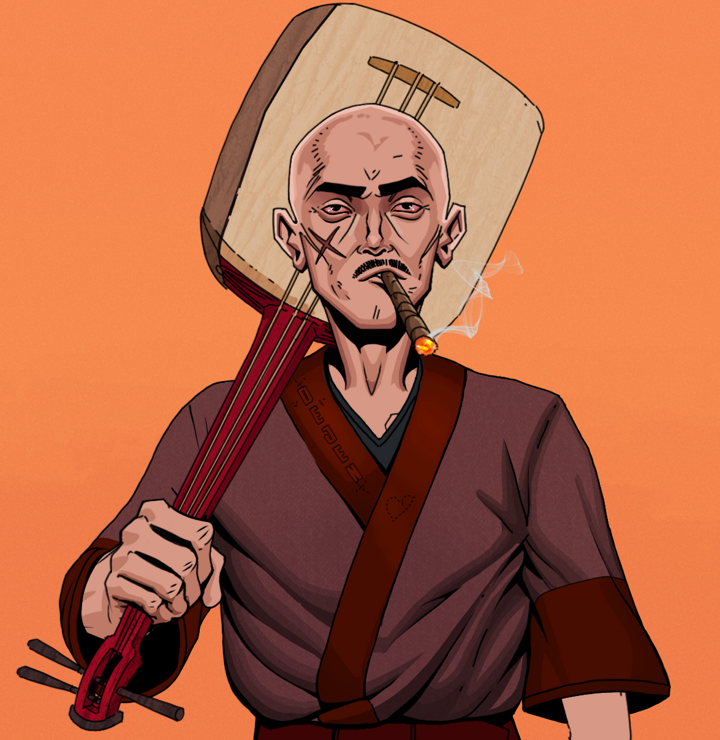 Raikou The Stoner — Degen Dojo NFT art (Shirtless Runt, Orange Afternoon, Degens, Proud Dejen Kimono, Raikou The Stoner, Bald, Shamisen, Mint)