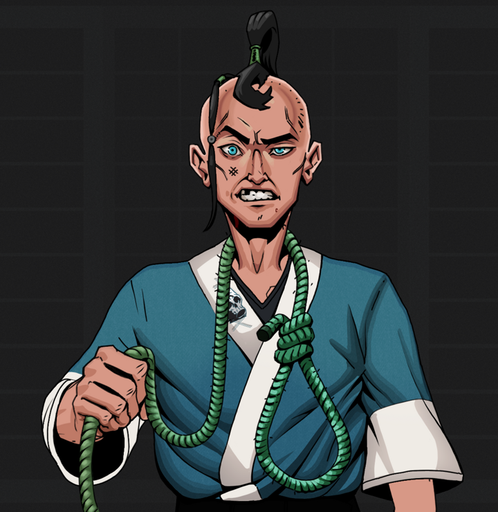 Akuma — Degen Dojo NFT art (Shirtless Runt, Shoji Night, Degens, Skull Kimono, Akuma, Dejen Samurai, Noose, Mint)