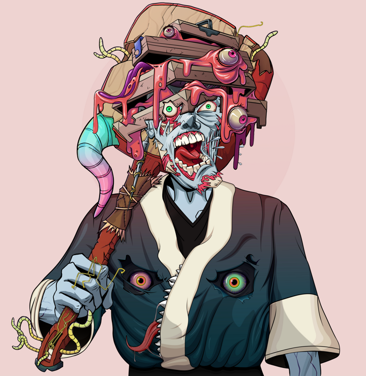 Tokuda — Degen Dojo NFT art (Shark Tooth, Red High Moon, Demons, Skull Kimono, Tokuda, Shirtless Runt, Tengai Basket, Shamisen, Mint)