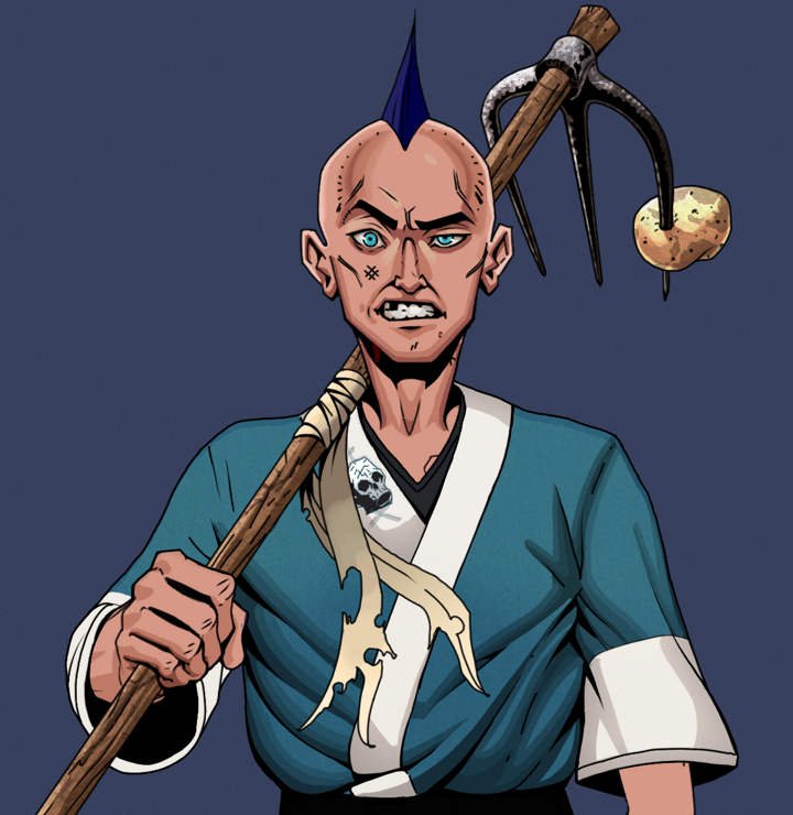 Akuma — Degen Dojo NFT art (Shirtless Runt, Blue Evening, Degens, Skull Kimono, Akuma, Mohawk Spike, Farmers Hoe, Mint)