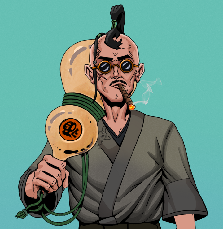 Raikou The Stoner — Degen Dojo NFT art (Shirtless Runt, Teal Daytime, Degens, Puppy Kimono, Raikou The Stoner, Dark Spectacles, Dejen Samurai, Giant Sake Bottle, Mint)