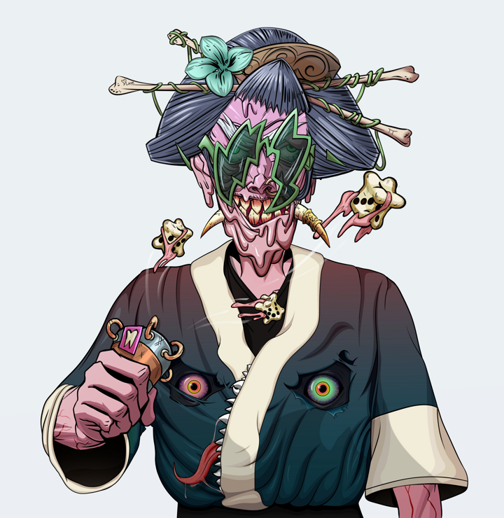 Assassin Fuzen — Degen Dojo NFT art (Shirtless Runt, Light Grey, Demons, Skull Kimono, Assassin Fuzen, Shoji Glasses, Disheveled Geisha, Chō-Han Gambling Dice, Mint)