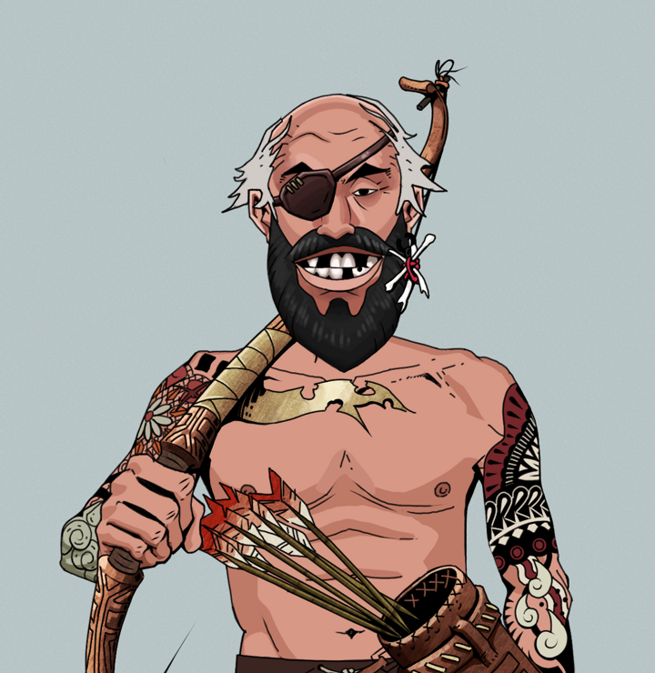 Igor The Veteran — Degen Dojo NFT art (Finger Bones, Light Grey, Degens, Yakuza Tattoo Sleeves, Igor The Veteran, Shirtless Runt, Kung Fu Master, Runed Yumi, Mint)