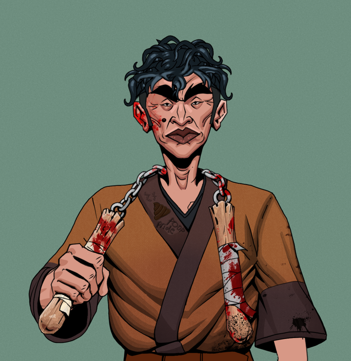 Young Yuji — Degen Dojo NFT art (Shirtless Runt, Olive Green, Degens, Poop Pride Kimono, Young Yuji, Messy, Bloody Nunchucks, Mint)