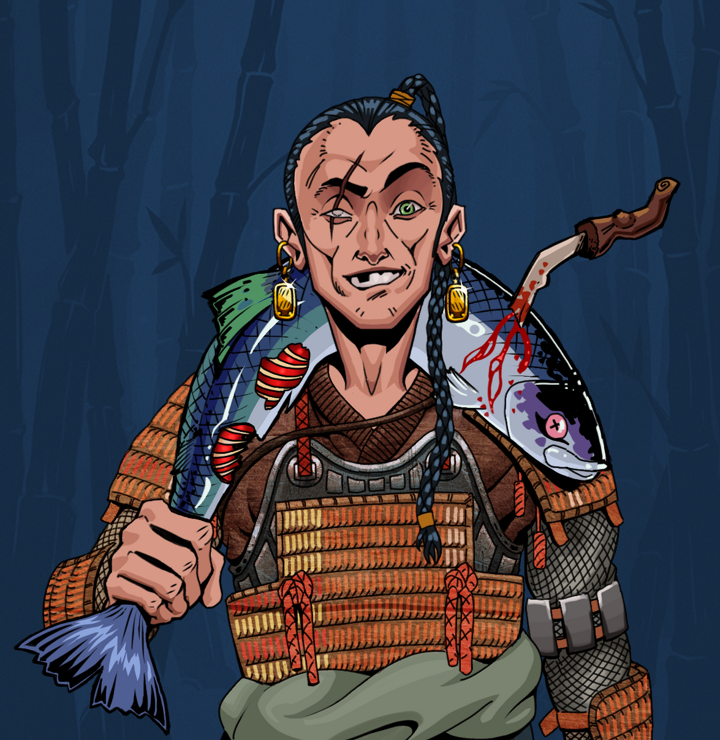 One-Eyed Itsuki — Degen Dojo NFT art (Gold Earrings, Night Forest, Degens, Tatami Tosei Gusoku, One-Eyed Itsuki, Shirtless Runt, Braided Samurai Ponytail, Dead Fish, Mint)