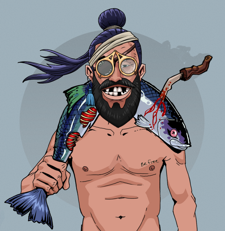Igor The Veteran — Degen Dojo NFT art (Tassel, Grey Mist, Degens, Nudey Freak, Igor The Veteran, Pocket Glasses, Long Flowing, Dead Fish, Mint)