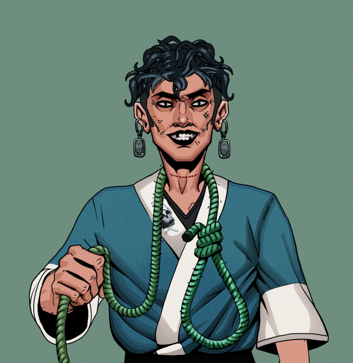 Junichiro Reborn — Degen Dojo NFT art (Iron Earrings, Olive Green, Degens, Skull Kimono, Junichiro Reborn, Shirtless Runt, Messy, Noose, Mint)