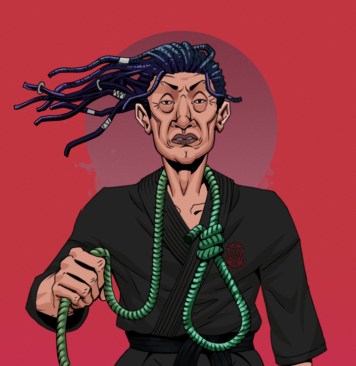 Goro — Degen Dojo NFT art (Shirtless Runt, Red High Moon, Degens, Master Black Gi, Goro, Flowing Dreads, Noose, Mint)