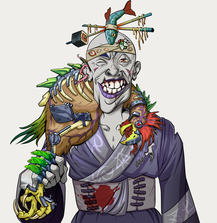 Cheery Haru — Degen Dojo NFT art (Tassel, Warm Grey, Demons, Sushi Love Loose Kimono, Cheery Haru, Shirtless Runt, Hair Bun With Chopsticks, Chicken, Mint)