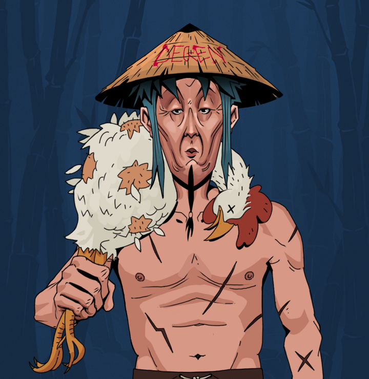 Edmundo — Degen Dojo NFT art (Shirtless Runt, Night Forest, Degens, Battle Scars, Edmundo, Degen Graffiti Rice Hat, Chicken, Mint)