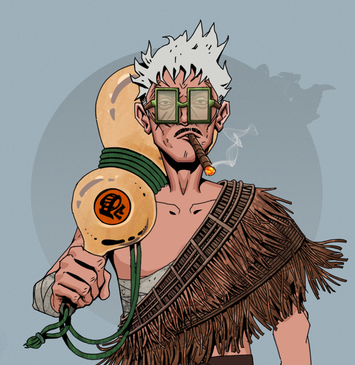 Raikou The Stoner — Degen Dojo NFT art (Shirtless Runt, Grey Mist, Degens, Dried Straw, Raikou The Stoner, Shoji Glasses, Short Spiky Grey, Giant Sake Bottle, Mint)