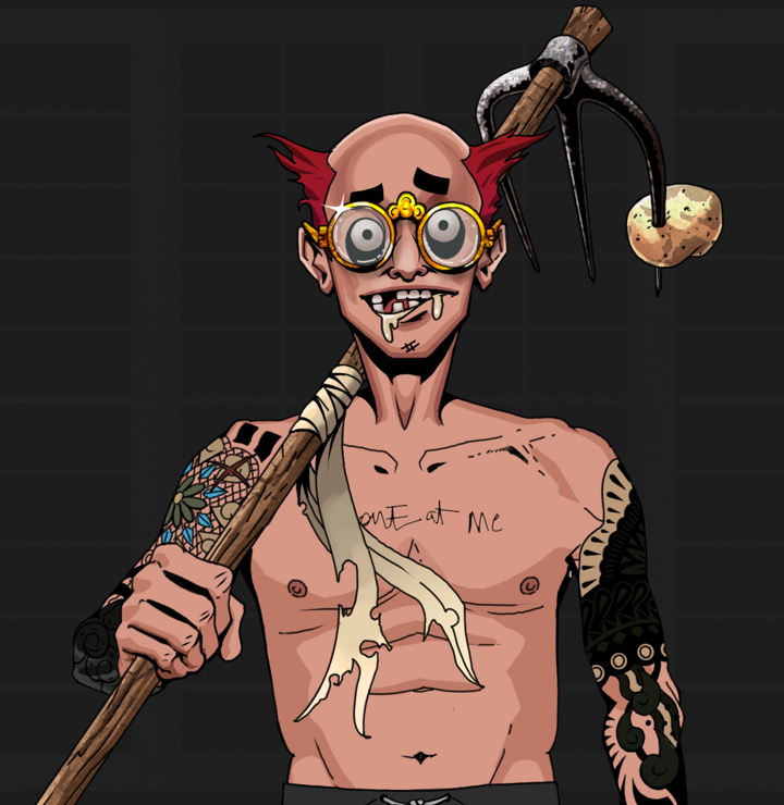 Drooling Azuma — Degen Dojo NFT art (Shirtless Runt, Shoji Night, Degens, Black Yakuza Sleeves, Drooling Azuma, Golden Glasses, Red Heihachi, Farmers Hoe, Mint)