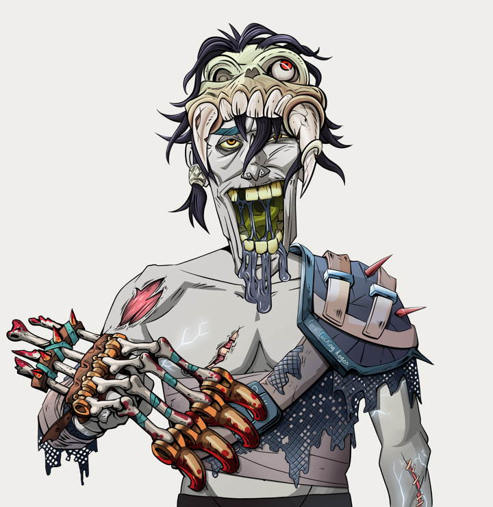 Yuuki — Degen Dojo NFT art (Shirtless Runt, Warm Grey, Demons, Dried Straw, Yuuki, Sabertooth Skull, Tekko-Kagi Claws, Mint)