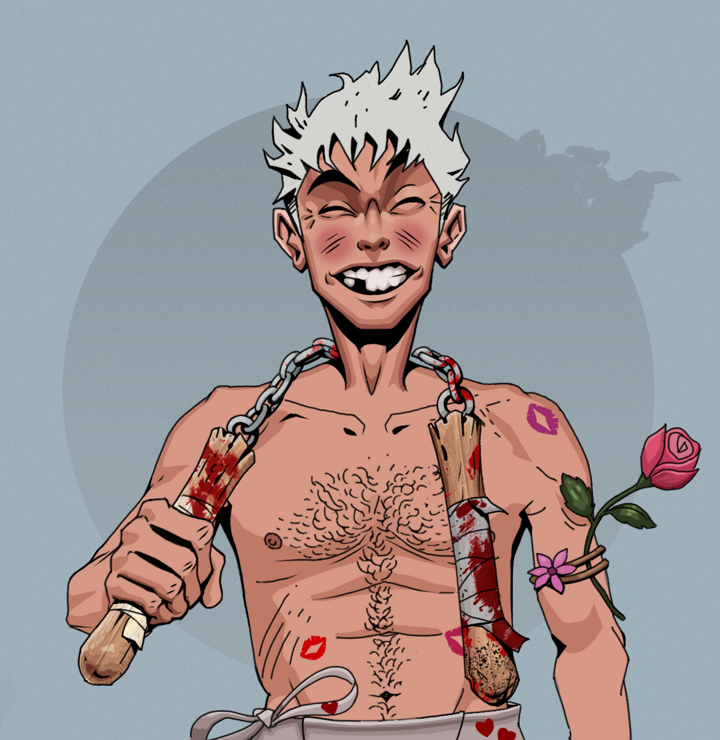 Cheery Haru — Degen Dojo NFT art (Shirtless Runt, Grey Mist, Degens, Womanizer, Cheery Haru, Short Spiky Grey, Bloody Nunchucks, Mint)