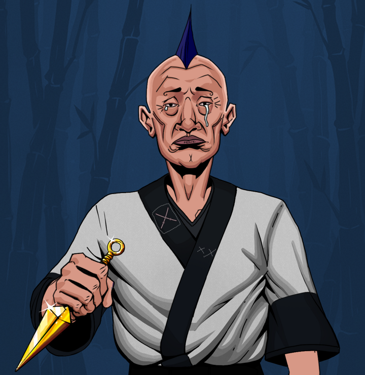 Teary Goro — Degen Dojo NFT art (Shirtless Runt, Night Forest, Degens, Katana Kimono, Teary Goro, Mohawk Spike, Golden Kunai, Mint)