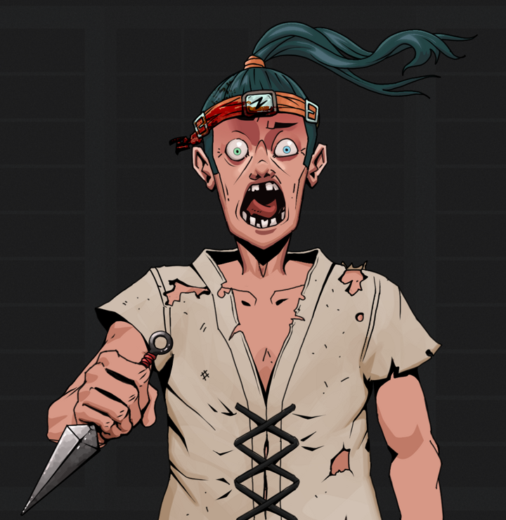 Tokuda — Degen Dojo NFT art (Shirtless Runt, Shoji Night, Degens, Rice Sack Rags, Tokuda, Green Bandana, Kunai, Mint)