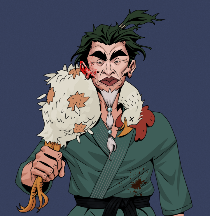 Yuji The Wise — Degen Dojo NFT art (Shirtless Runt, Blue Evening, Degens, Fight Gi, Yuji The Wise, Messy Ponytail, Chicken, Mint)