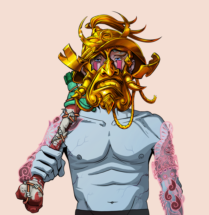 Teary Goro — Degen Dojo NFT art (Shirtless Runt, Orange Afternoon, Demons, Yakuza Tattoo Sleeves, Teary Goro, Golden Kabuto, Spiky Femur, Mint)