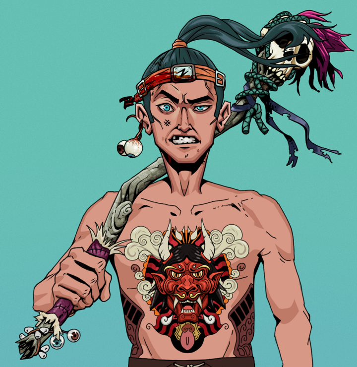 Akuma — Degen Dojo NFT art (Shaman Eyes, Teal Daytime, Degens, Red Oni Tattoo, Akuma, Shirtless Runt, Green Bandana, Shaman Skull Staff, Mint)