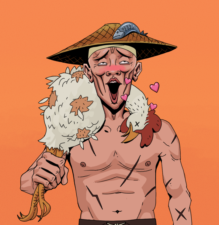 Lovey Haruto — Degen Dojo NFT art (Shirtless Runt, Orange Afternoon, Degens, Battle Scars, Lovey Haruto, Wide Kasa Fisherman, Chicken, Mint)