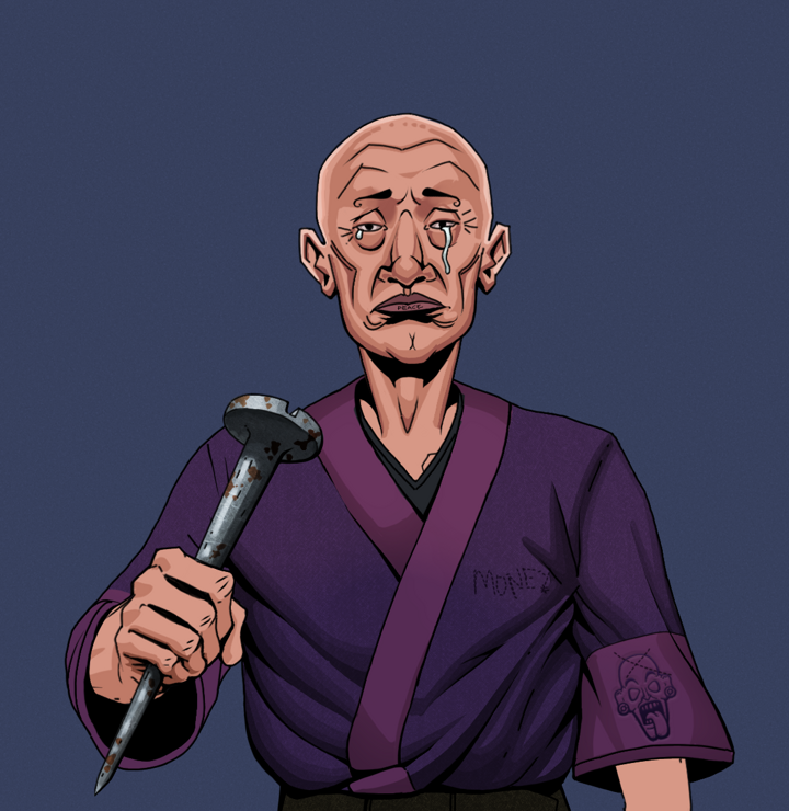 Teary Goro — Degen Dojo NFT art (Shirtless Runt, Blue Evening, Degens, Money Kimono, Teary Goro, Bald, Rusty Nail, Mint)