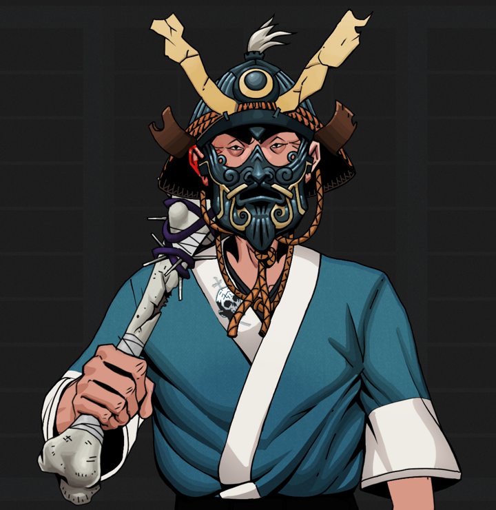 Young Yuji — Degen Dojo NFT art (Shirtless Runt, Shoji Night, Degens, Skull Kimono, Young Yuji, Tatami Kabuto, Spiky Femur, Mint)