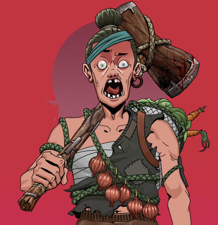 Tokuda — Degen Dojo NFT art (Wooden Loop, Red High Moon, Degens, Farmer, Tokuda, Shirtless Runt, Hair Bun, Wooden Warhammer, Mint)