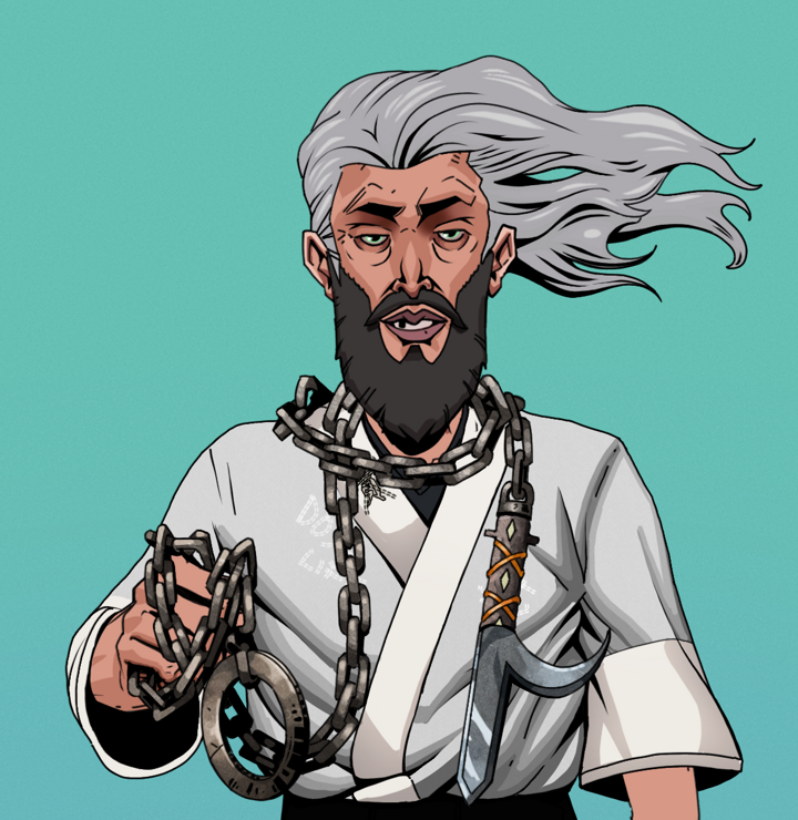 Serious Oleg — Degen Dojo NFT art (Shirtless Runt, Teal Daytime, Degens, No Honor Kimono, Serious Oleg, Wise Greatness, Heavy Kyoketsu, Mint)