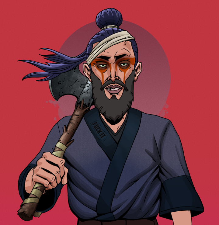 Oleg Of War — Degen Dojo NFT art (Shirtless Runt, Red High Moon, Degens, Fuck You Kimono, Oleg Of War, Long Flowing, Axe, Mint)